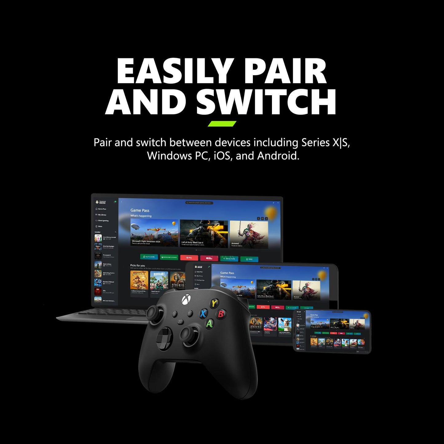 Xbox Wireless Gaming Controller + USB-C® Cable (2025) – Carbon Black – Play on Xbox, Windows, Android, iOS, FireTV Sticks, Smart TVs, VR Headsets