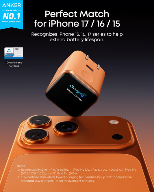 Anker Nano USB-C Cargador de Pared 45W | Carga Rápida con Pantalla Inteligente, Enchufe Plegable 180°, Reconocimiento Automático, Modo de Cuidado – Compatible con iPhone 17/16/15 (Sin Cable Incluido)