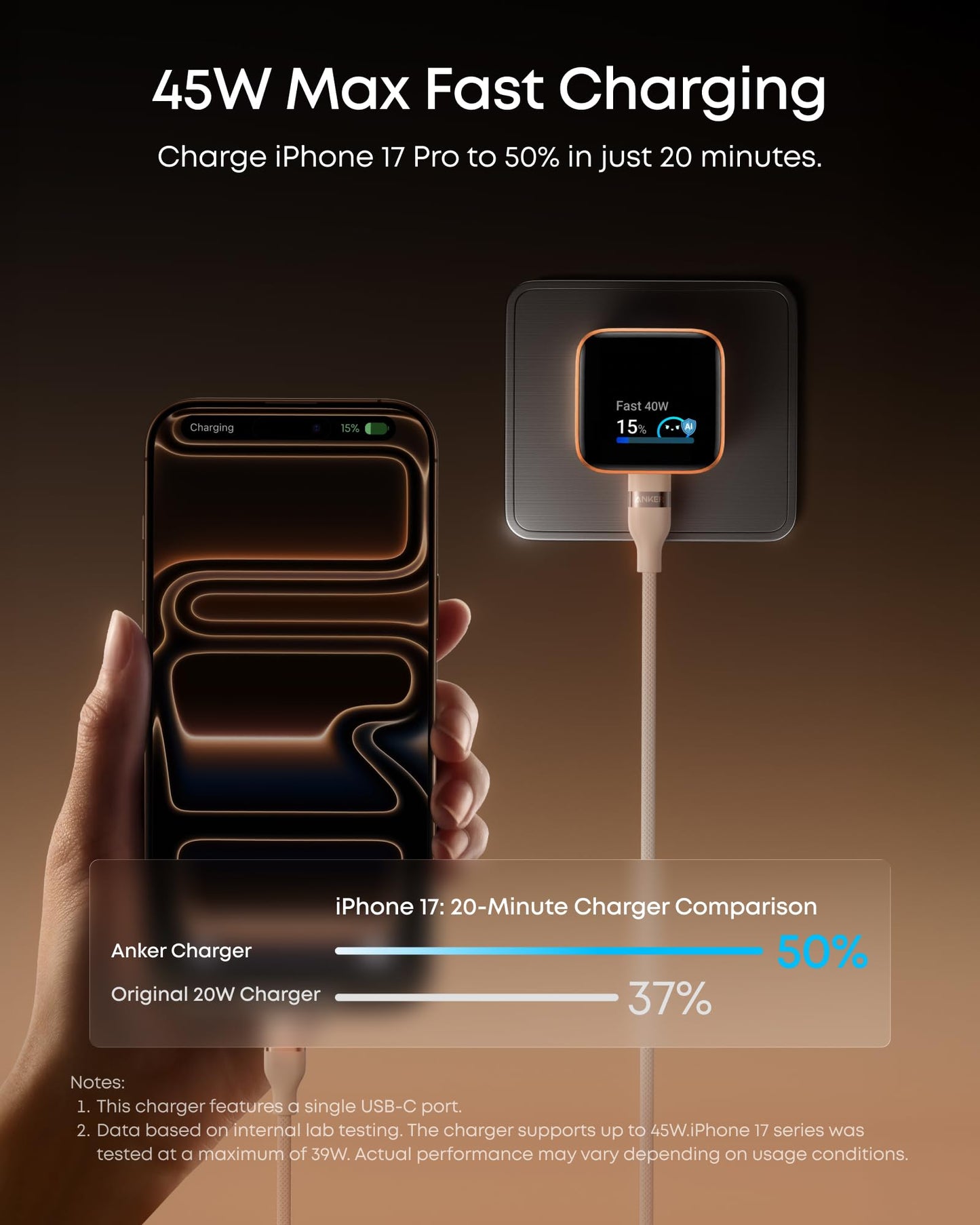 Anker Nano USB-C Cargador de Pared 45W | Carga Rápida con Pantalla Inteligente, Enchufe Plegable 180°, Reconocimiento Automático, Modo de Cuidado – Compatible con iPhone 17/16/15 (Sin Cable Incluido)